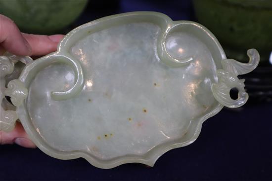 A Chinese bowenite jade brushwasher and a pair of hardstone bowls